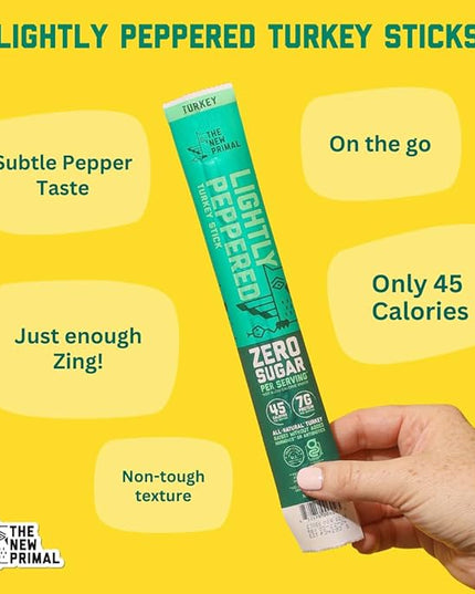 New Primal Lightly Peppered Turkey Sticks, Keto, Gluten Free Healthy Snacks, Sugar Free Low Carb High Protein, Jerky Meat Stick, 7g Protein, 80 Ct