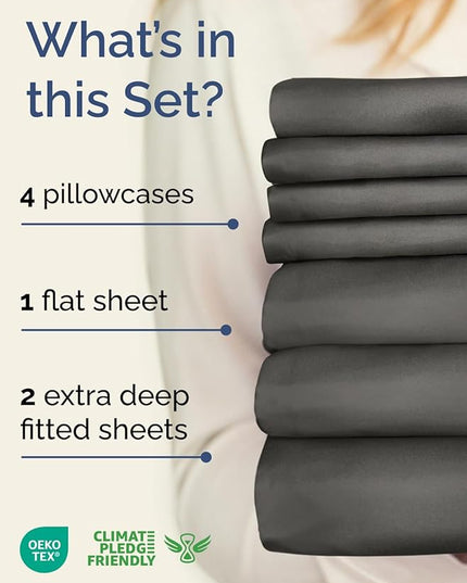Extra Deep Split King Sheet Set - 7 Piece Breathable and Cooling Sheets - Hotel Luxury Bed Sheets Set - Easy Fit - Soft, Wrinkle Free and Comfy Sheets Set - Charcoal Sheet Set with Extra Deep Pockets