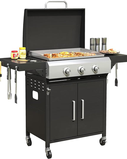 DIFY 3-Burner Propane Gas Griddle Grill, 28 in Flat Top Griddle Grill with Porcelain-Enameled Grates and Stainless Steel Frying Pan, 36000 BTU Output Barbecue Grills for Outdoor Barbecue