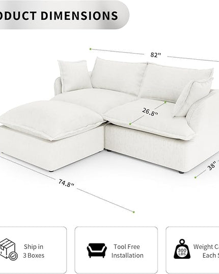 Cloud Modular Sectional Sofa Couch, 2 Seater with Ottoman Convertible Sectional Couch,Down Feather Fill Sofa, Completely Removable Cover, Corner Sofa for Living Room, Office,Cream White