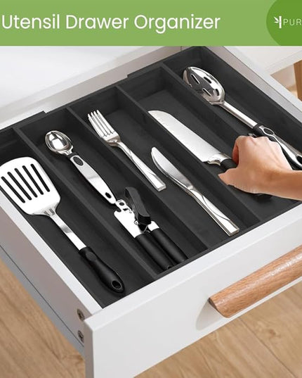 Purawood Kitchen Drawer Organizer - Expandable Utensil Organizer for Kitchen, Cutlery Tray & Silverware Organizer, 3-5 Slots - Bamboo Drawer Organizer for Utensils & Flatware (Black)