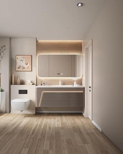 32IN Modern Bathroom Vanity - Floating Bathroom Vanity with Sink with Rounded Corner Smart Mirror Cabinet & Smart Defogging | Wave Panel Design & Large Storage Space