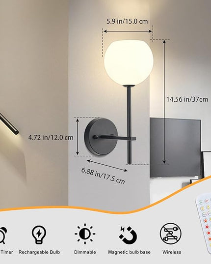 Black Battery Operated Wall Sconces Set of 2, Rechargeable Wireless Wall Lights with Milky White Frosted Glass Shade, 12 RGB and 3CCT Dimmable, Wall Lamps with Remote for Bedroom Living Room Hallway