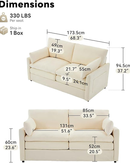 Tbfit Modern Loveseat Couch, 68" Cloud Sofa Spring Seat Cushion, Comfy 2-Seater Love Seat with Pillows, Chenille Removable Cover, Soft Upholstered Living Room Furniture Home Apartment, Beige