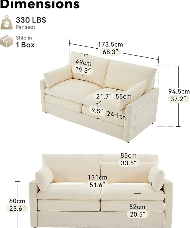 Tbfit Modern Loveseat Couch, 68" Cloud Sofa Spring Seat Cushion, Comfy 2-Seater Love Seat with Pillows, Chenille Removable Cover, Soft Upholstered Living Room Furniture Home Apartment, Beige