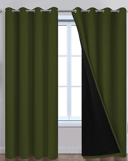 Yakamok Green 100% Blackout Curtains, Total Blackout Lined Curtain Panels for Bedroom, 2 Thick Layers Grommet Top Thermal Insulated Blackout Drapes for Living Room(52Wx84L, Olive Green, 2 Panels)