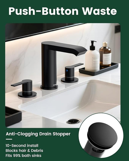 DAYONE Matte Black 3 Holes Bathroom Sink Faucet Widespread, 2 Handles Lavatory Vanity Faucet with Pop Up Drain & Supplies Lines
