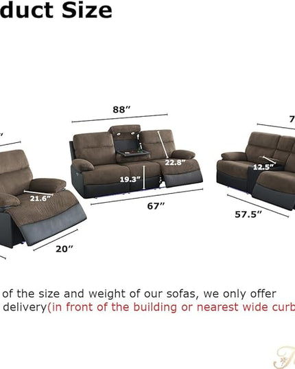 Fabric Recliner Sofa, Living Room Furniture Sets, Reclining 3 Seats Sofa with Drop-Down Table, Power Recliner Couches with Cup Holders/Storage Console for House, Brown Grey