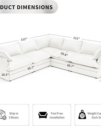 Modern Sectional Cloud Sofa,Linen Couch for Living Room V-Shape,5 Seat Modular Wide Deep Seat Sofas,Detachable Couches Cushion Covers,Cozy Feather Down Sofa for Apartment,Cream White