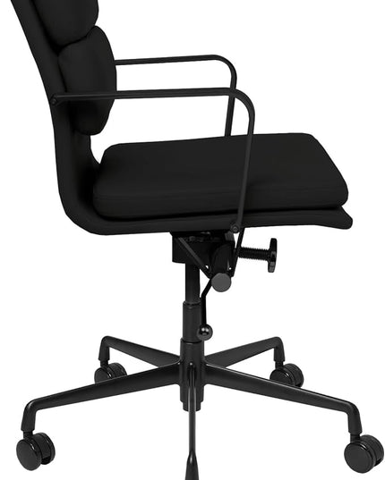 Laura Davidson Furniture SOHO II Padded Management Office Chair - Mid Back Desk Chair with Arm Rest, Swivel & Cushion Availability, Made of Faux Leather, All Black Limited Edition, Computer Chair