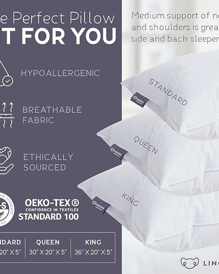 Lincove Hotel Collection Pillows for Sleeping - Premium Down and Feather, Luxury, Plush, Hypoallergenic - for Neck Pain, Back & Side Sleepers (Standard Size, 1 Pack)