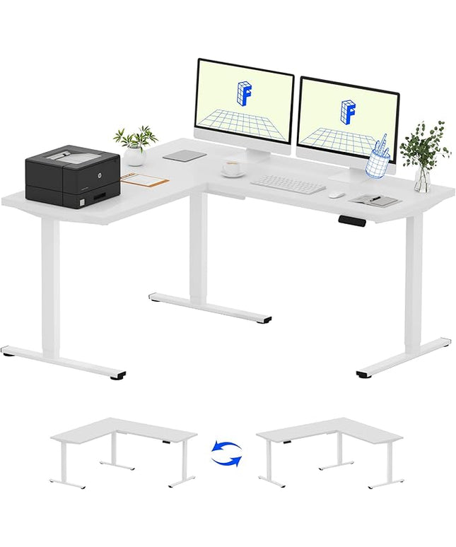 FLEXISPOT L Shaped Standing Desk, 63 x 55 Inch Electric Height Adjustable Corner Desk, Sit Stand Computer Workstation, Preset Controller, Home Office, White Frame with White Top