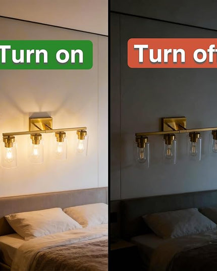4-Light Bathroom Light Fixtures, Gold Modern Vanity Lights Over Mirror, Bathroom Wall Sconces with Clear Glass Shade for Living Room Bedroom Hallway Cabinet Porch