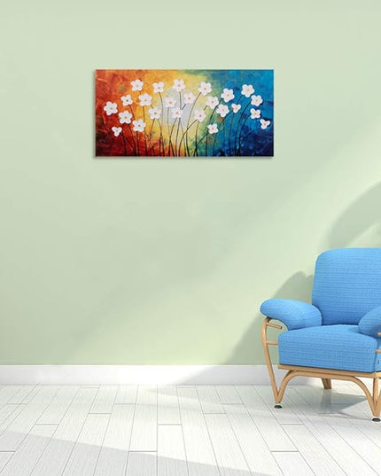 Yihui Arts Hand Painted Textured Flower Oil Painting on Canvas - Colorful Abstract White Floral Artwork for Home Decor, Modern Wall Art for Living Room, Bedroom, Office