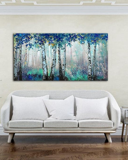 Large White Birch Forest Wall Art Decor Canvas Picture Print Blue Green Tree Blue Maple Leaf Plant Living Room Bedroom Bathroom Office Modern Framed Artwork Home Kitchen Decoration