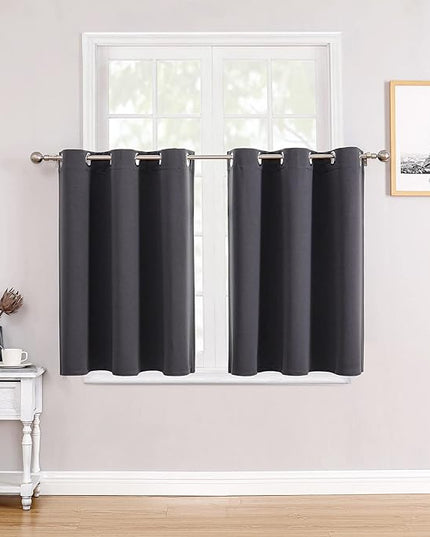ChrisDowa Small Window Curtains for Kitchen and Bedroom - Grommet Short Thermal Insulated Room Darkening Curtains (2 Panels, Dark Grey, 34 x 36 Inch)