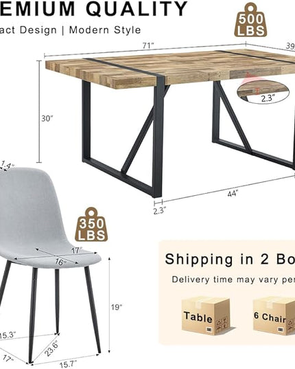 FURNITO Wood Dining Table Set for 6, 71" Large Rectangular Kitchen & Dining Room Table with 6 Fabric Linen Chairs, Modern Farmhouse Dining Set for Home, Living Room, Office, or Conference Room
