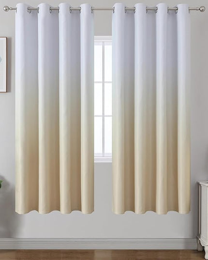 Estelar Textiler Beige and Greyish White Ombre Blackout Curtains for Living Room 72 Inch Long, Gradient Room Darkening Thermal Insulated Grommet Window Drapes for Bedroom, 52Wx72L, 2 Panels