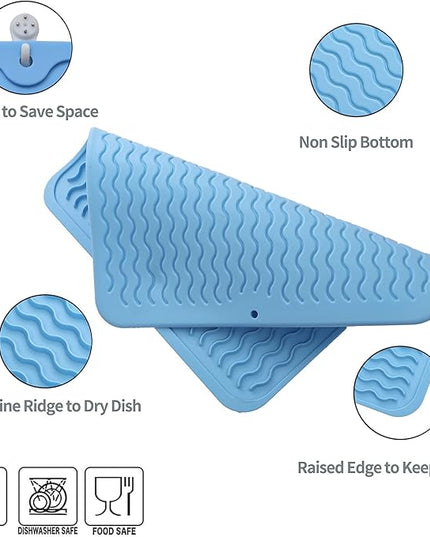 Silicone Dish Drying Mat for Multiple Usage,Easy clean,Eco-friendly,Heat-resistant Silicone Mat for Kitchen Counter or Sink,Refrigerator or Drawer liner Light Blue M 12 inches x 12 inches