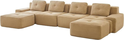 Hommoo 153" Oversized Sectional Sofa, Modular U Shaped Couch with Ottoman, Comfy Corduroy Couches with Deep Seat, 6 Seat Convertible Boneless Sofa for Living Room No Assembly Required Camel