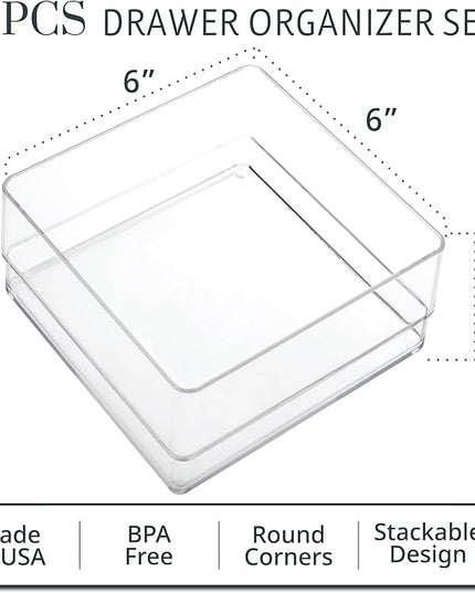 STORi SimpleSort 6-Piece Stackable Clear Drawer Organizer Set | 6" x 6" x 2" Square Trays | Small Makeup Vanity Storage Bins and Office Desk Drawer Dividers | Made in USA