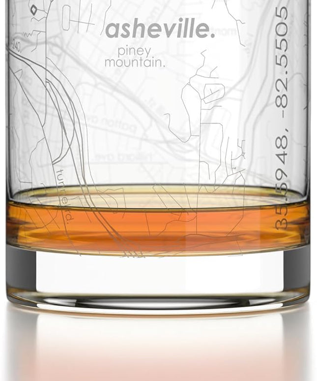 Well Told Engraved Asheville North Carolina Map Rocks Glass, Old Fashioned Glassware (11 oz, Clear) Etched Bourbon Tumbler, Gifts For Whiskey Lovers