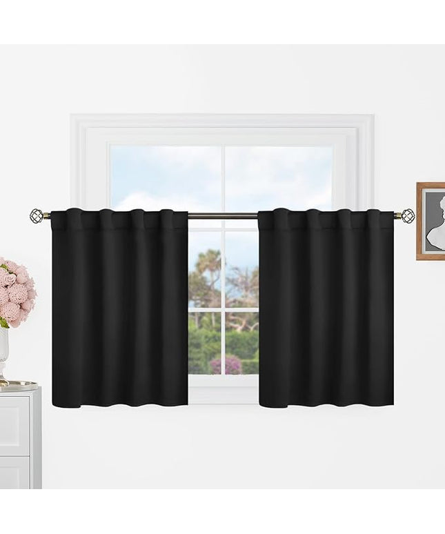BGment Cafe Curtains 24 Inch Length for Half Window - 34 x 24 inch Short Black Out Curtains Privacy Thermal Insulated Rod Pocket and Back Tab Small Drapes for Kitchen/Bathroom, 2 Panels, Black