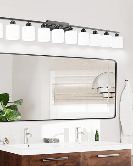 10 Light Black Vanity Lights for Giant Mirror, Bathroom Vanity Lights Over Mirror with Milky White Frosted Glass Shades,65 inch Bathroom Light Fixture for Mirrors, E26