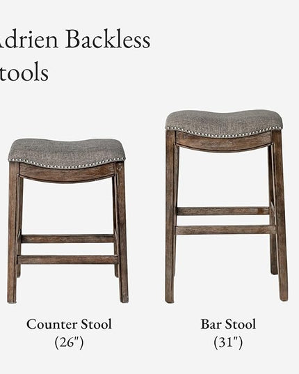 Maven Lane Adrien Backless Bar Stool – Set of 4 – 31 Inch Saddle Seat with Footrest – Brown Solid Wood Frame & Grey Fabric Upholstery – Ideal for Bars, Pub Tables & Tall Kitchen Counters