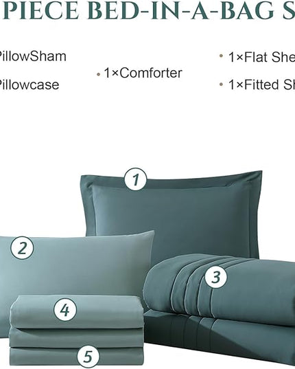 Monbix Twin XL Size Comforter Set - Extra Long 5 Pieces Dorm Bedding Sets, Quilting Design Fluffy Bed in a Bag Twin XL with Sheets, Pillowcase & Sham(Blue Green)