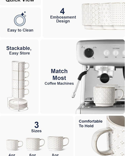 LE TAUCI Stackable Cappuccino Cups 8 oz with Saucers and Stand, Ceramic Large Latte Cup for Au Lait, Cafe, Mocha,Tea, Dishwasher Oven Safe - Set of 4, Arctic white