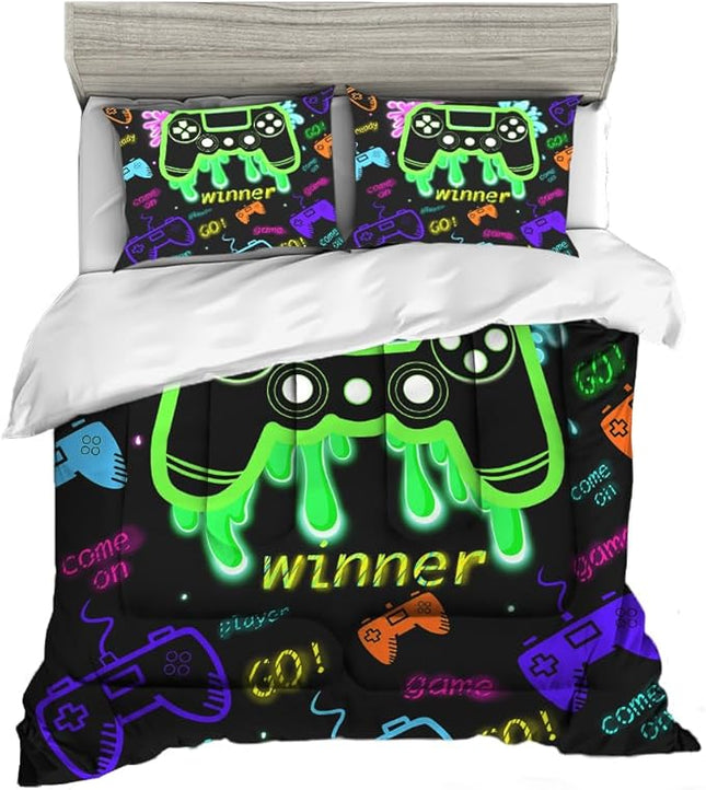 Sunnycitron Green Gamepad Gamer Comforter Set for Boys Gaming Bedding Set Teens Game Room Decor Queen (1 Comforter + 2 Pillowcase)
