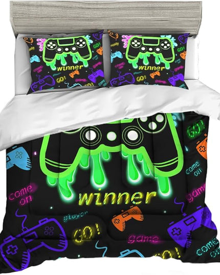 Sunnycitron Green Gamepad Gamer Comforter Set for Boys Gaming Bedding Set Teens Game Room Decor Twin (1 Comforter + 2 Pillowcase)