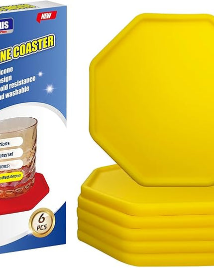 6 Pieces Silicone Coasters, Octagon Shape Hot Cup Mat for Drinks, Heat Resistant Glass Cushion, Coffee Coaster for Table, Desk, Kitchen, Office, Bar Protection (Yellow)