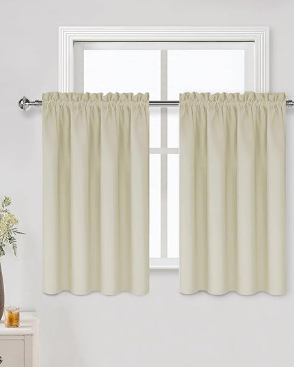 DWCN Light Beige Short Room Darkening Curtains for Kitchen/Bedroom, 42 x 36 inches Long - Energy Saving Window Drapes for Nursery with Rod Pocket, Set of 2 Panels