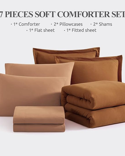 WRENSONGE Queen Comforter Set- 7 Pieces Terracotta Bed in a Bag Queen with Fitted Sheet, Flat Sheet, 2 Shams, and 2 Pillowcases- Warm Bedding Sets for All Season