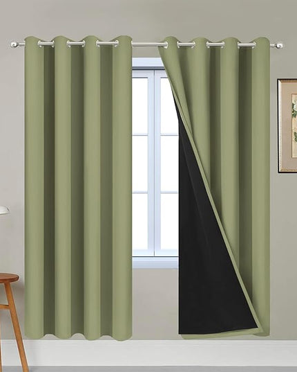 Yakamok 100% Blackout Curtains Energy Saving Thermal Insulated 2 Thick Layers Completely Blackout Drapes with Black Liner for Bedroom (52Wx72L, Sage, 2 Panels)