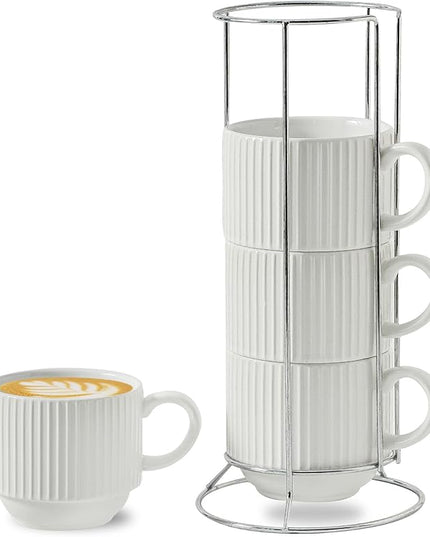 HASENSE Coffee Cups Set of 4 with Stand, 15 OZ Stackable Coffee Mugs with Handle for Tea, Cocoa, Cappuccino, Latte and Americano, Porcelain Vertical Stripe Coffee Cups for Men and Women, Pure White