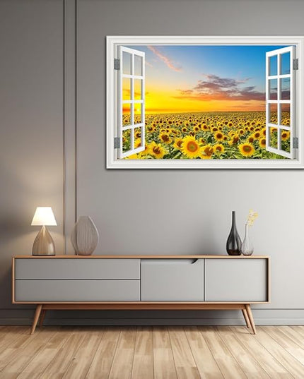Sunflower Wall Art Decor Flower Canvas Pictures for Living Room Rustic Painting for Wall Window Style Sunset Art Prints for Bedroom Nature Floral Landscape Artwork for Home Office Kitchen Decorations,
