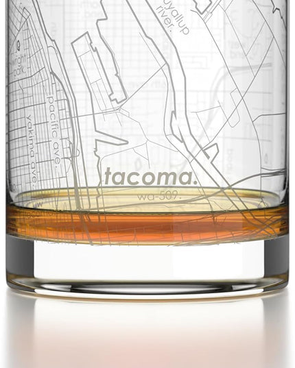 Well Told Engraved Tacoma Washington Map Rocks Glass, Old Fashioned Glassware (11 oz, Clear) Etched Bourbon Tumbler, Gifts For Whiskey Lovers