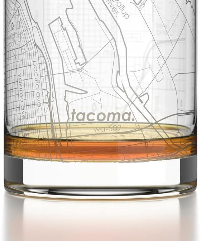 Well Told Engraved Tacoma Washington Map Rocks Glass, Old Fashioned Glassware (11 oz, Clear) Etched Bourbon Tumbler, Gifts For Whiskey Lovers