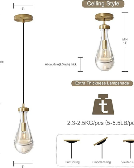 Raindrop Pendant Lights Set of 2, Brass Pendant Lights Kitchen Island, Gold Island Light for Kitchen Dining Room Light Fixture, Chandelier for Living Room Bedroom Bathroom, Bulb Included