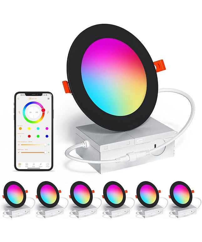 Black Smart Recessed Lighting 6 Inch RGBCW Color Changing 16W LED Downlight with Junction Box,1350 Lumen Recessed Ceiling Light Compatible with Alexa,Dimmable by Bluetooth Control -6Pack