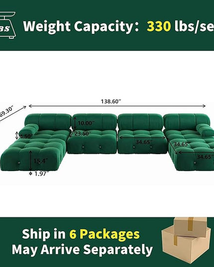 JACH 138" Convertible Modular Sectional Couch, U-Shaped Minimalist Velvet Sofas, Mid-Century Modern Comfy Sectional Couches with Chaise Ottomans for Living Room Office Apartment (Green)