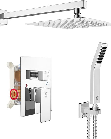 SR SUN RISE SRSH-F5043 Bathroom Luxury Rain Mixer Combo Set Wall Mounted Rainfall Shower Head System Polished Chrome, (Contain Faucet Rough-in Valve Body and Trim)