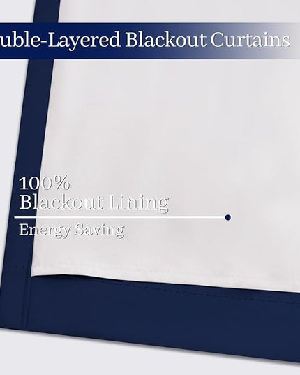 Yakamok Navy Blue 100% Blackout Curtains 96 Inches Long Thermal Insulated Window Curtain for Bedroom Living Room Darkening Set of 2 Panels Grommet Top Drapes with 2 Thick Layers 52x96 Inches Dark Blue