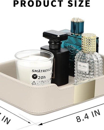 SANZIE Luxury Leather Tray Desktop Storage Catchall Organizer Decorative Tray for Entryway Table to Hold Jewelry Watch Keys Phone Wallet (Metal Glided, Grey)