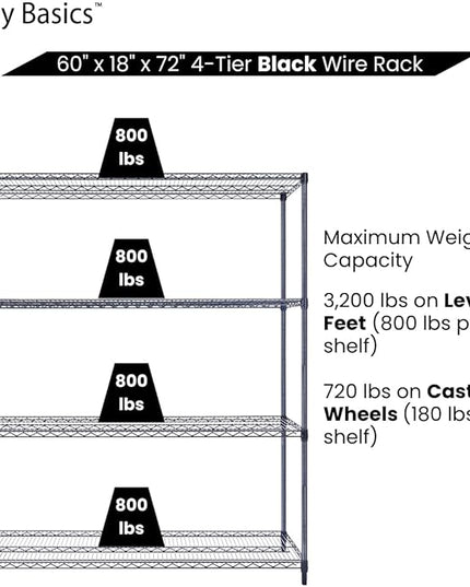 NSF Commercial 4-Tier Wire Shelving with Wheels, 60"x18"x72" Heavy Duty Metal Shelves 3200 lbs Max Capacity, Black Storage Rack for Garage Kitchen Pantry Warehouse