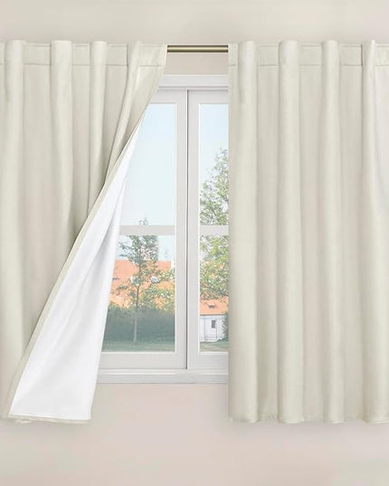 LAMIT 100% Blackout Short Linen Curtains, 48 Inch Length Linen Textured Thermal Curtains Back Tab and Rod Pocket Neutral Panels with White Liner for Small Window, 2 Panels, 42 x 48 Inch, Ivory