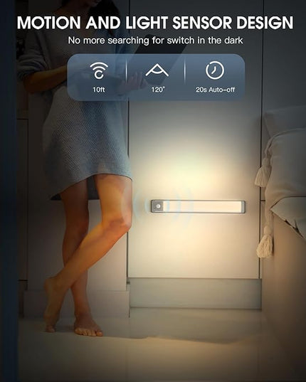 10inch Under Cabinet Lighting, 2 Pack Rechargeable Motion Sensor Light Indoor, 5 Levels Dimmable Magnetic Closet Lights, Wireless Under Counter Lights for Kitchen, Stairs